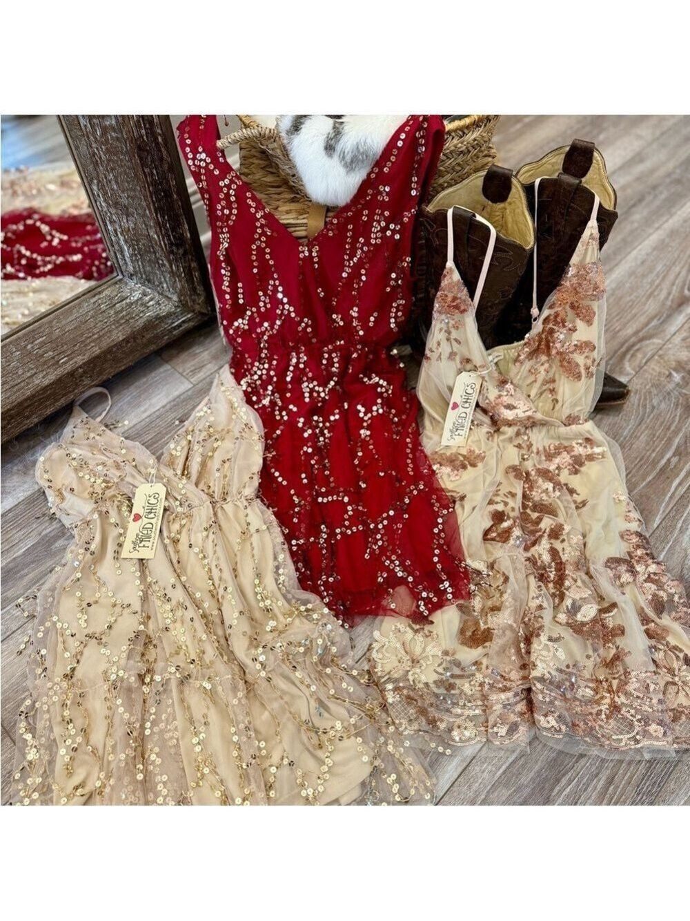 Southern Fried Chics Sequin Embellished V-Neck Dresses- Red Cream Small Set Of 3